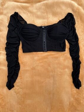 Ruched Long-Sleeve Bustier Top in Black